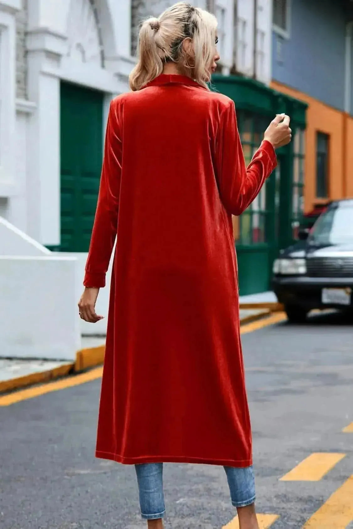 Velvet Open Front Long Cardigan with Pockets - Bad Moms Club