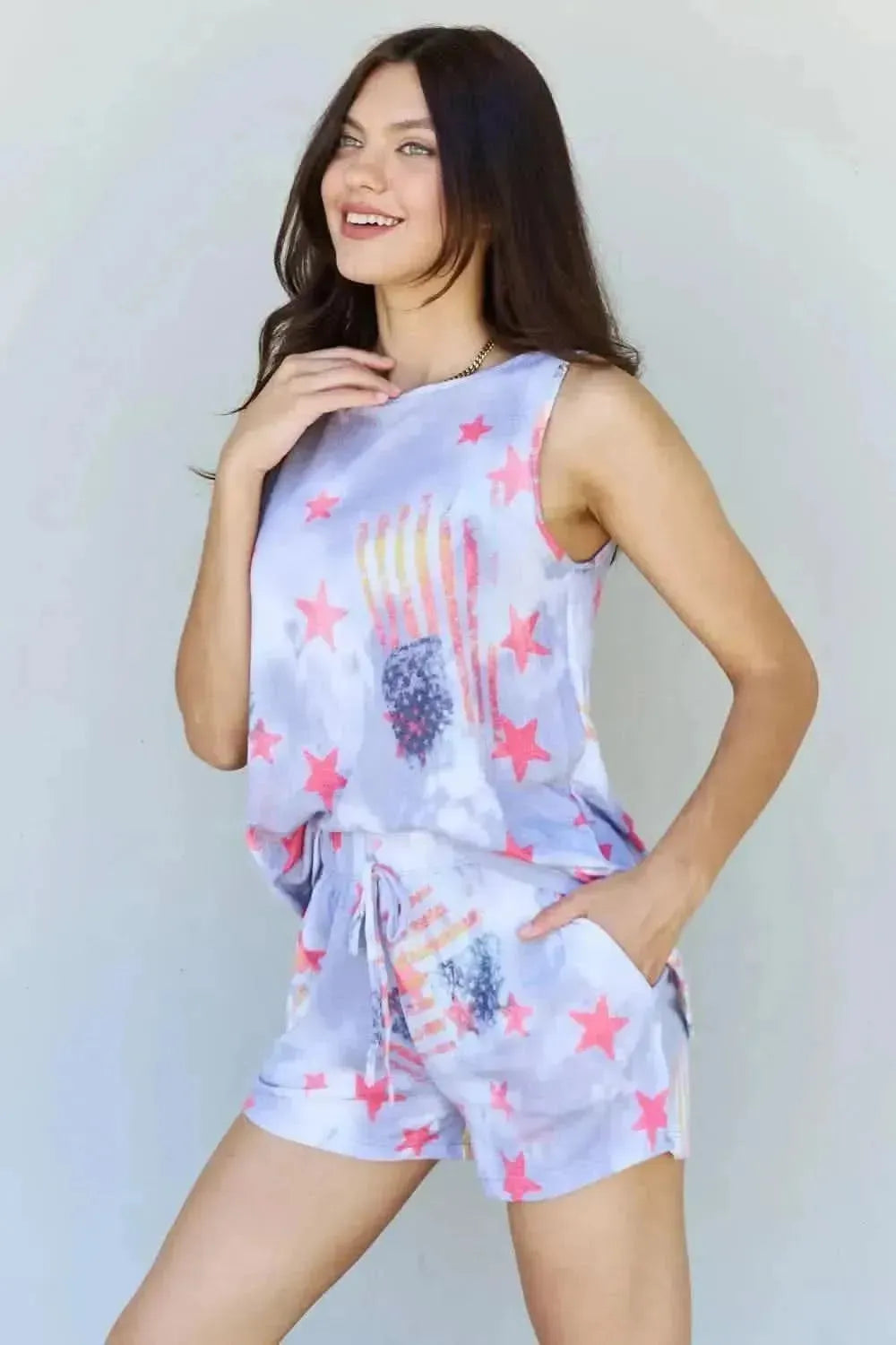 ODDI Full Size Tie-Dye Star Printed Loungewear Set - Bad Moms Club