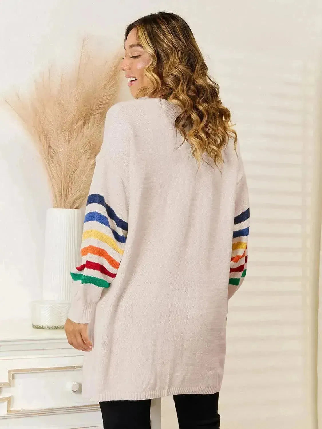 Striped Open Front Dropped Shoulder Cardigan - Bad Moms Club