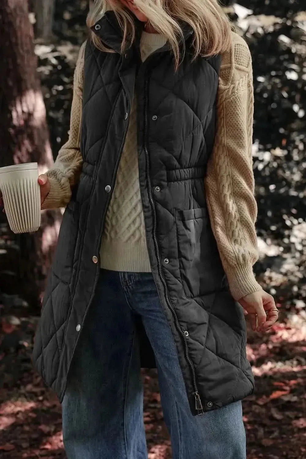 Pocketed Zipper and Button Vest Coat - Bad Moms Club
