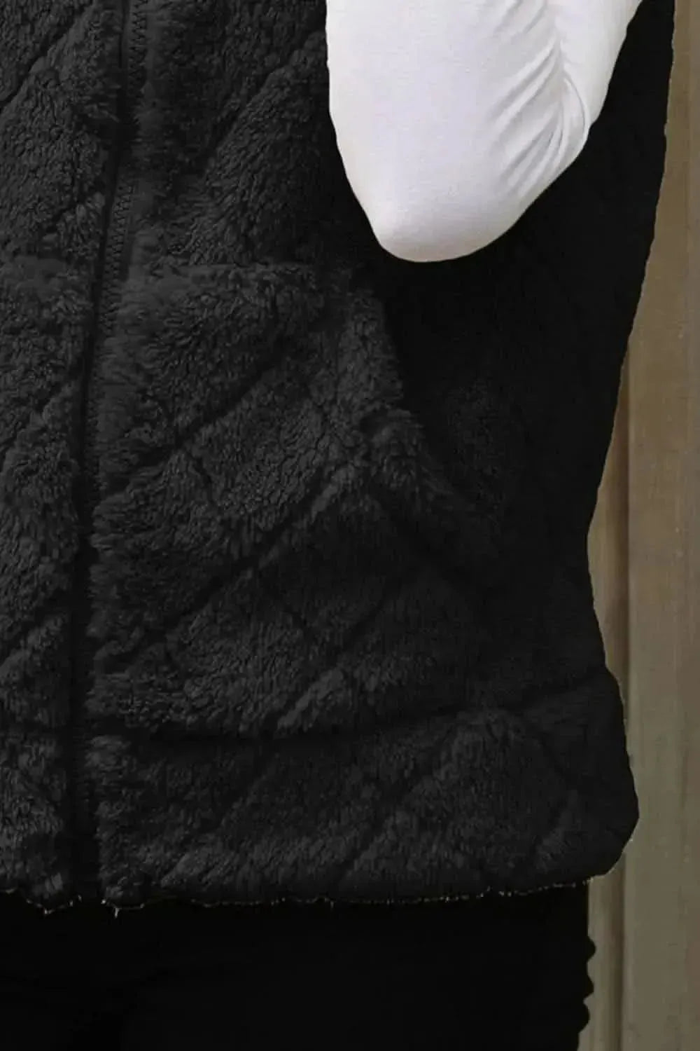 Fuzzy Plaid Texture Zip Up Vest Coat - Bad Moms Club