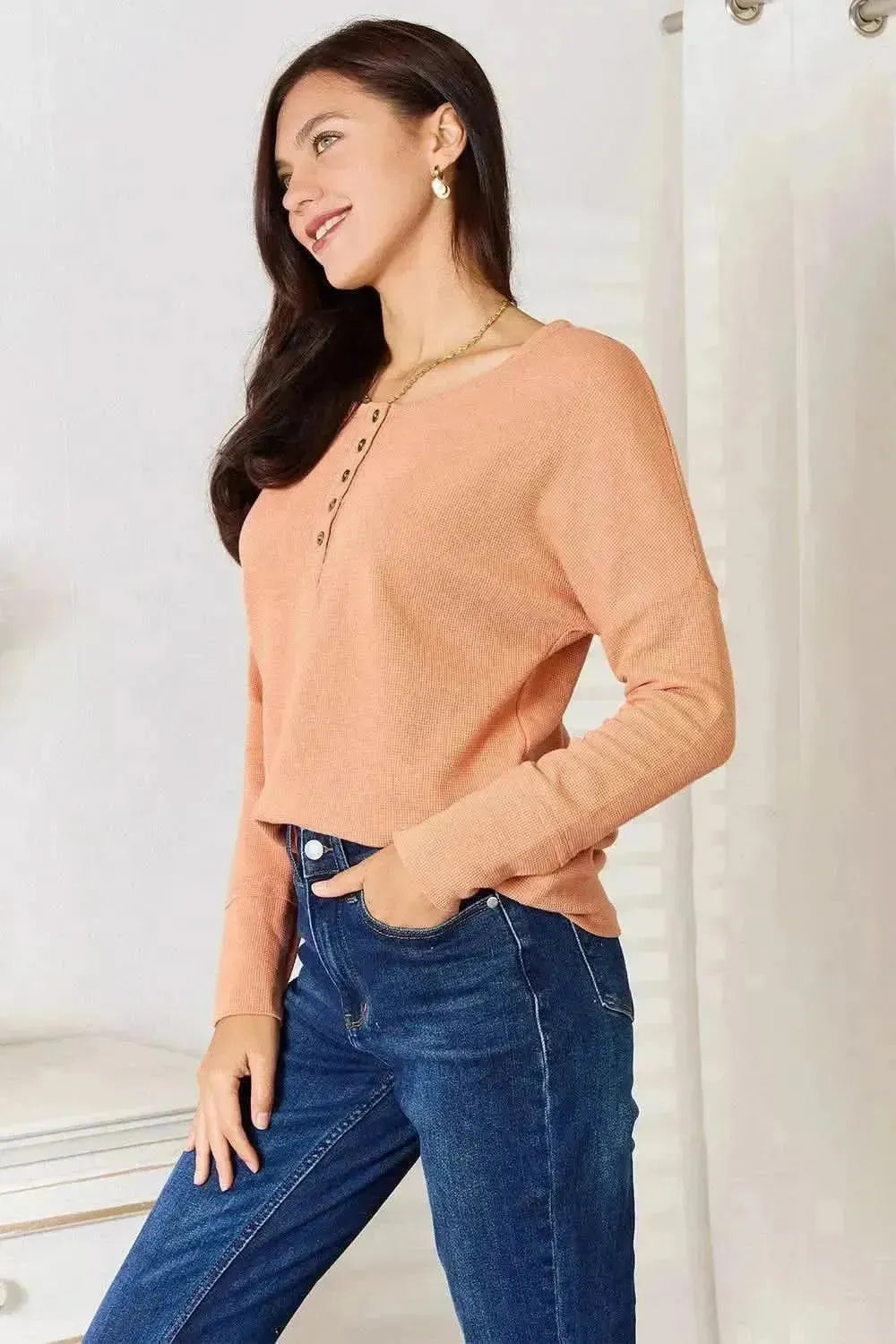 Basic Bae Half Button Long Sleeve Top - Bad Moms Club
