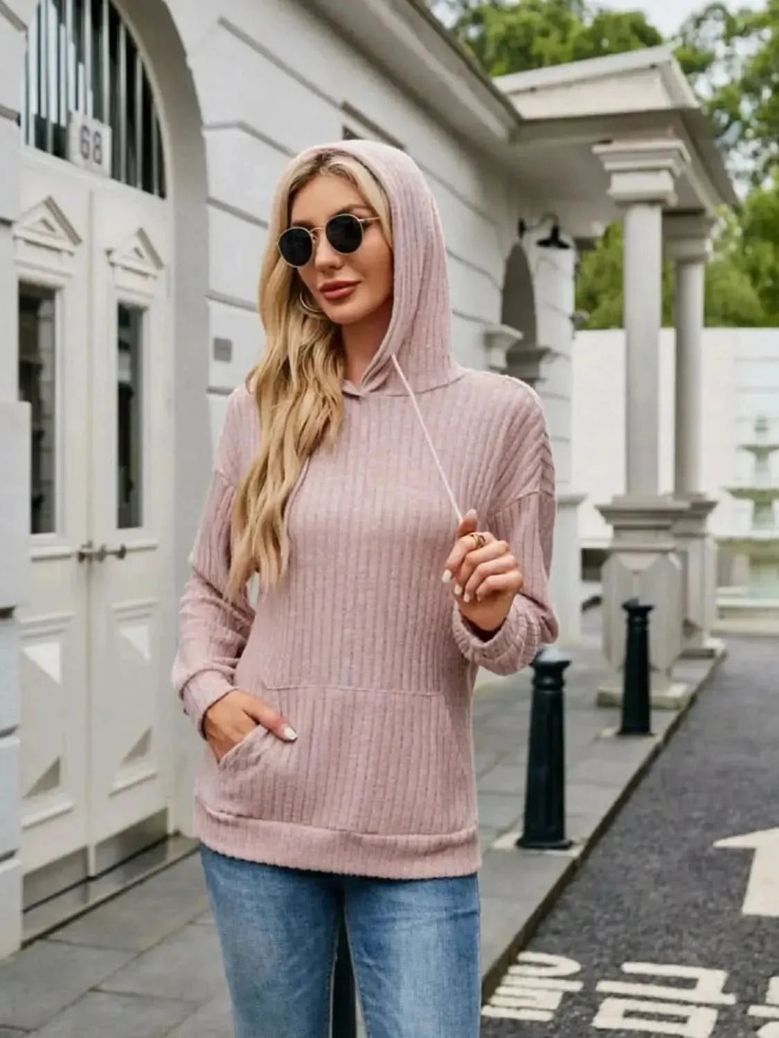 Ribbed Drawstring Long Sleeve Hoodie - Bad Moms Club