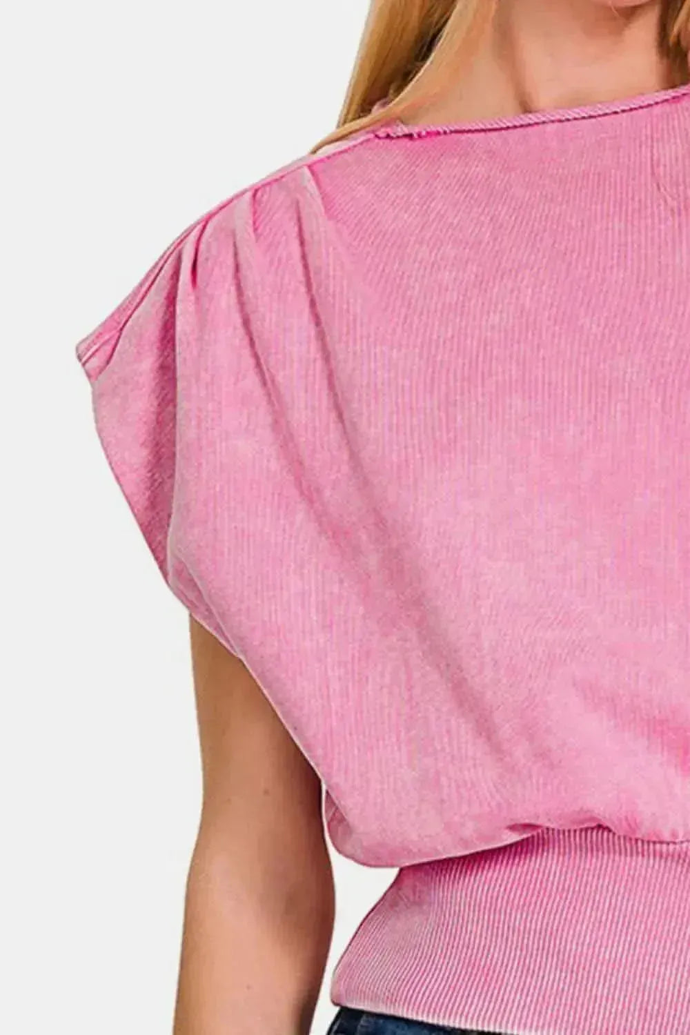 Zenana Washed Boat Neck Bottom Banded Dolman Sleeve Top - Bad Moms Club