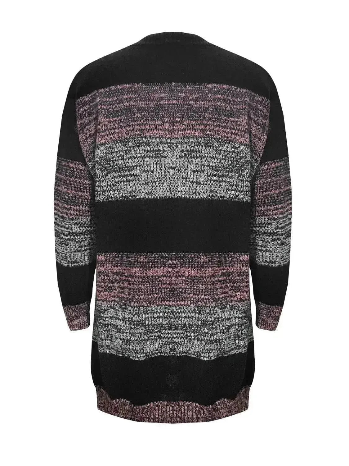 Striped Open Front Long Sleeve Cardigan with Pockets - Bad Moms Club