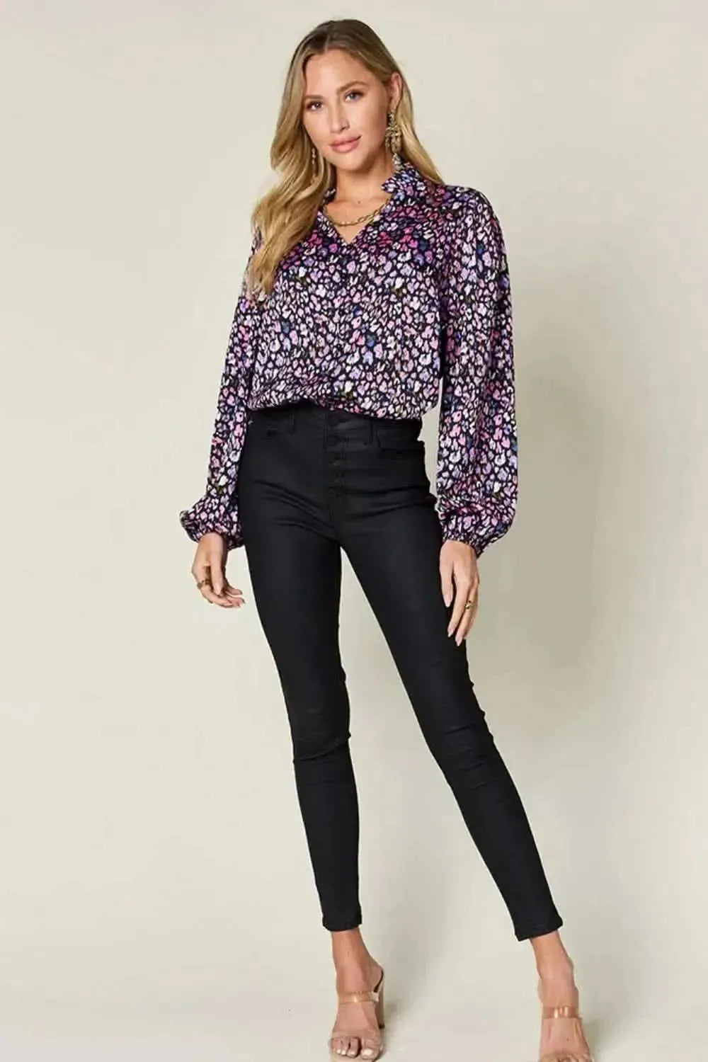 Double Take Full Size Printed Balloon Sleeve Shirt - Bad Moms Club