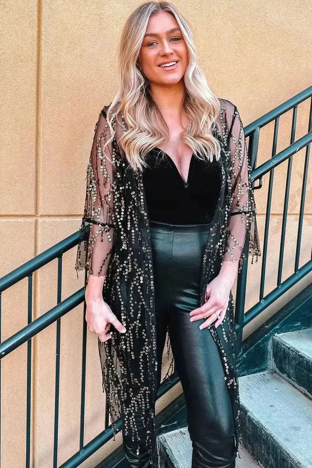 Sequin Open Front Sheer Cardigan - Bad Moms Club