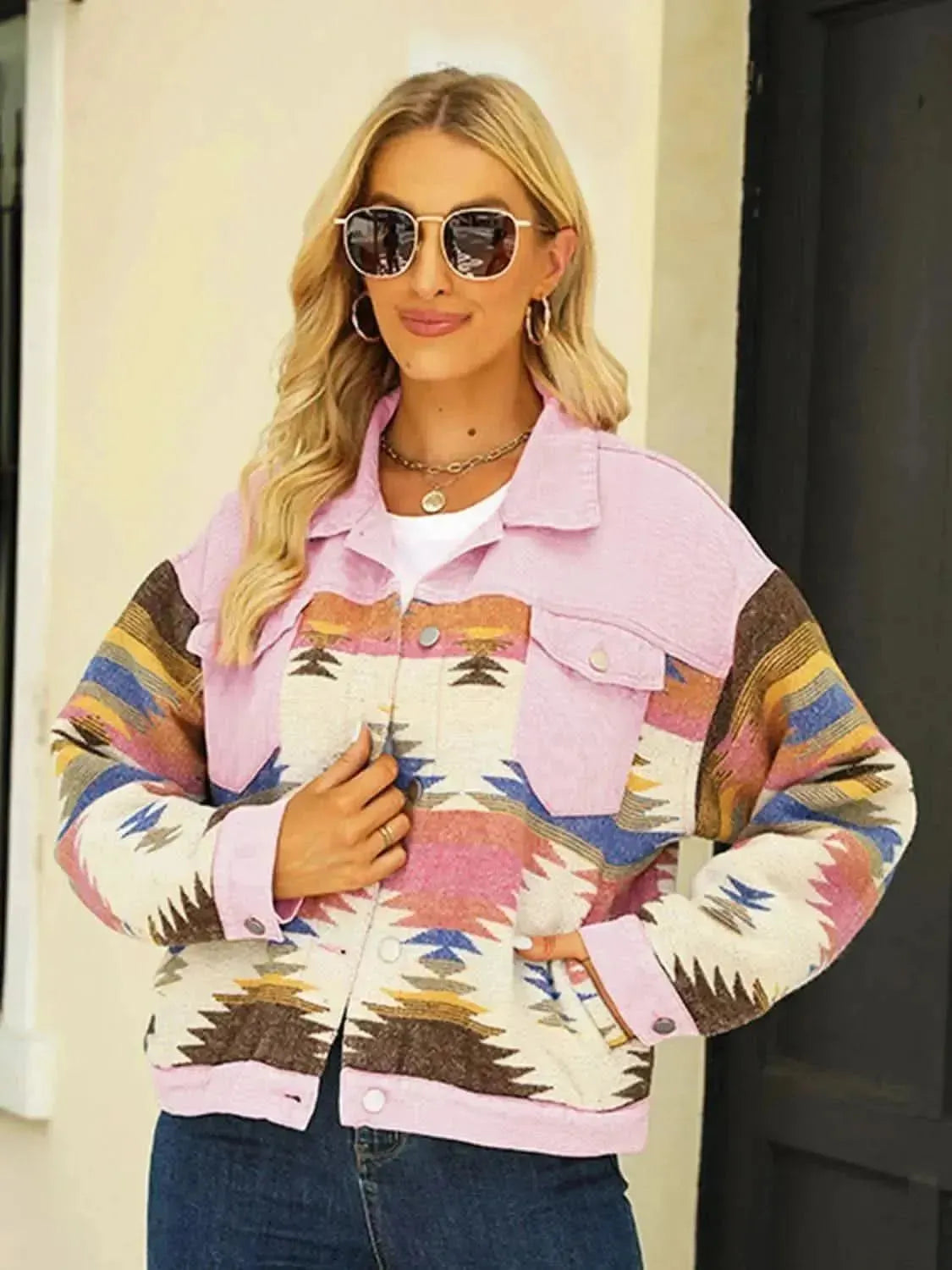 Printed Dropped Shoulder Long Sleeve Denim Jacket - Bad Moms Club