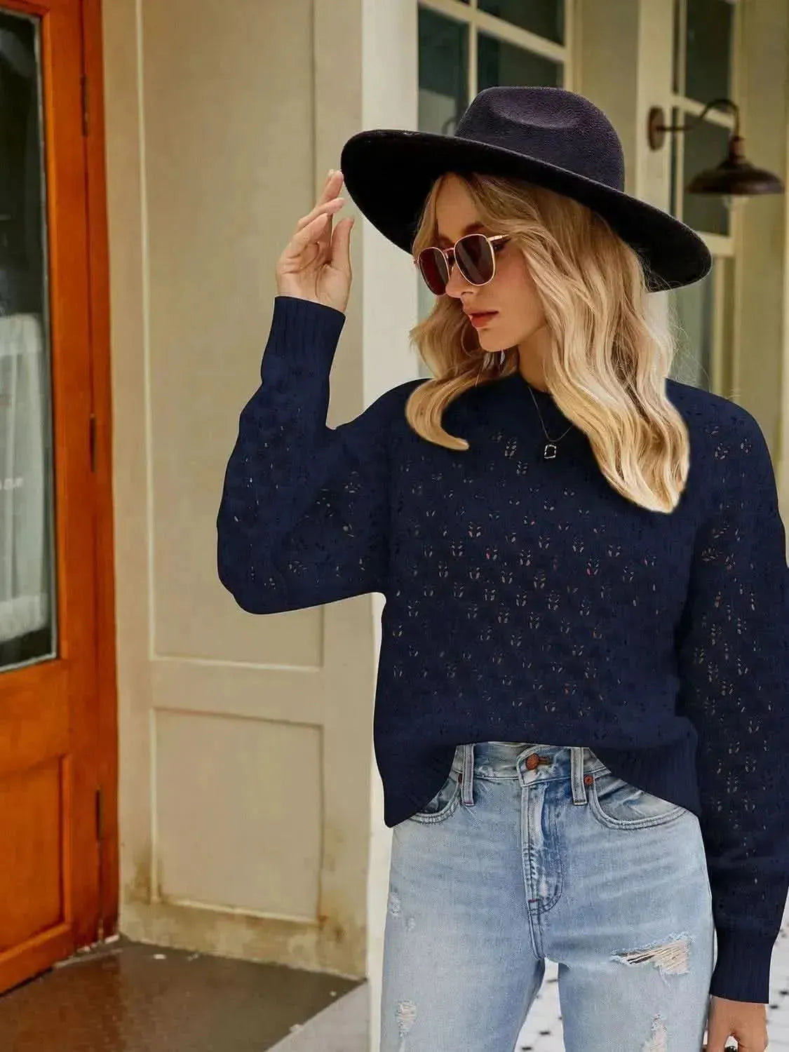 Openwork Round Neck Sweater - Bad Moms Club