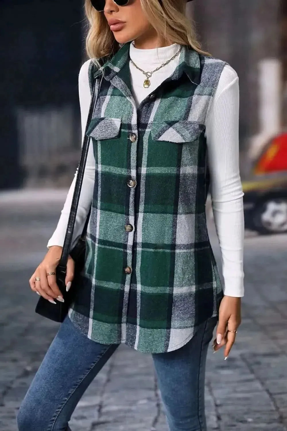 Plaid Button Up Vest Coat - Bad Moms Club