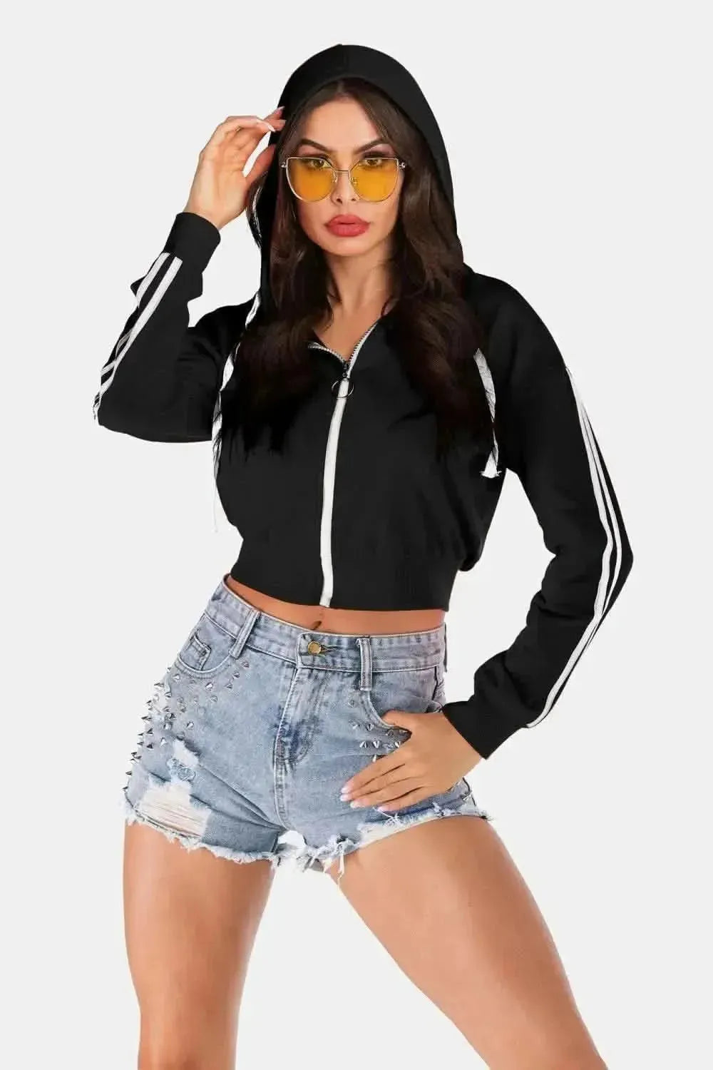 Perfee Side Stripe Drawstring Cropped Hooded Jacket - Bad Moms Club