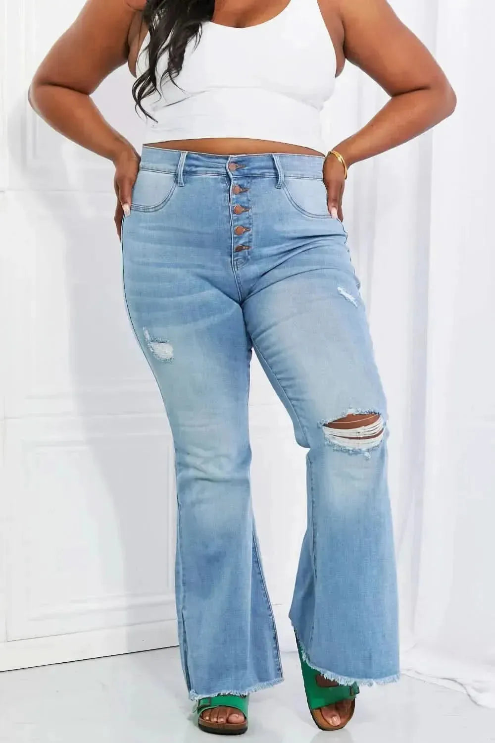 Vibrant MIU Full Size Jess Button Flare Jeans - Bad Moms Club