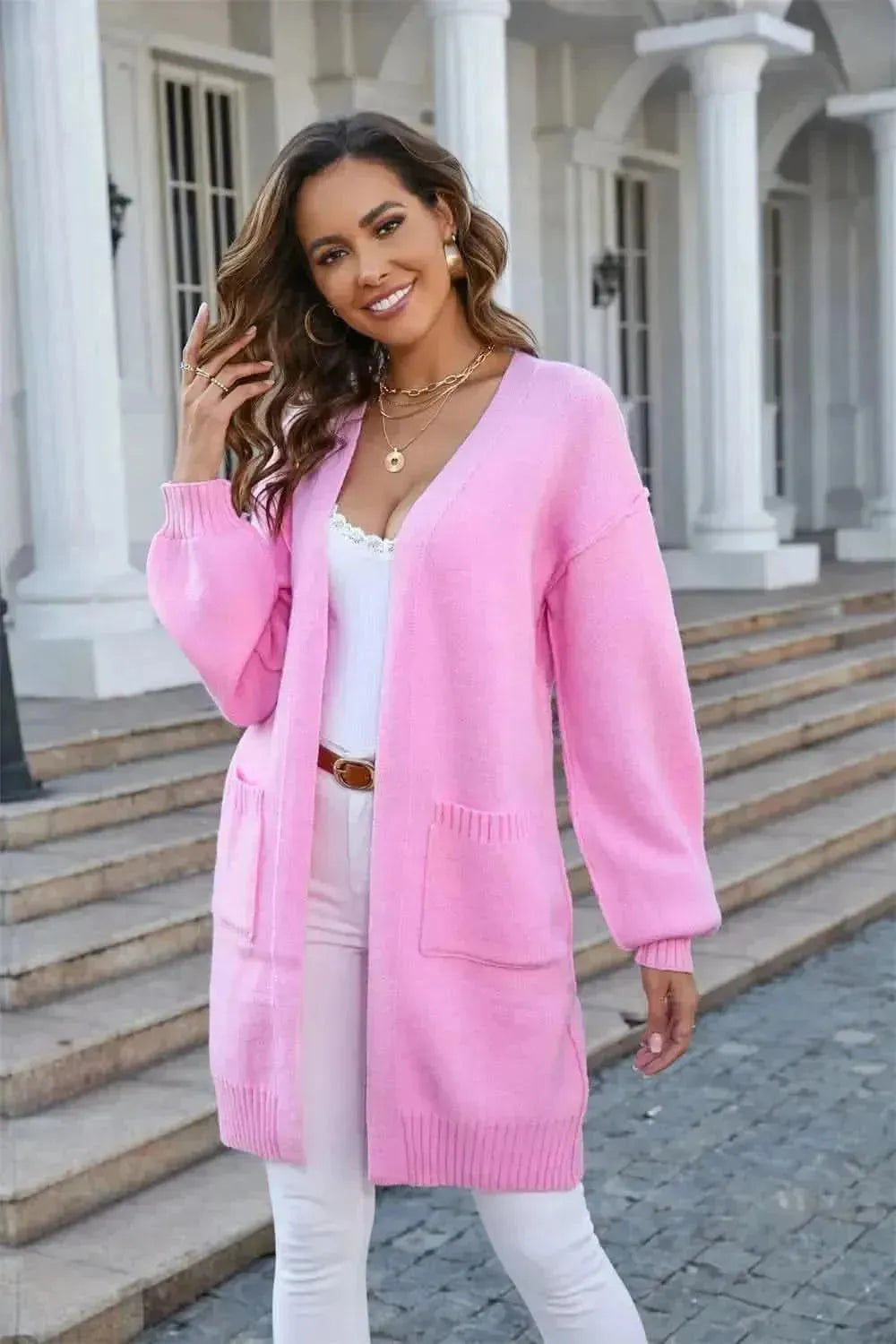 Open Front Dropped Shoulder Cardigan with Pocket - Bad Moms Club