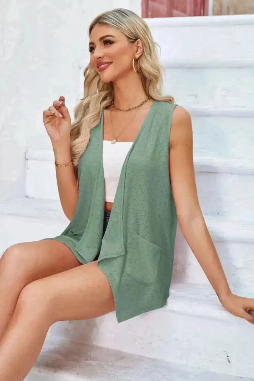 Eyelet Open Front Sleeveless Cardigan - Bad Moms Club