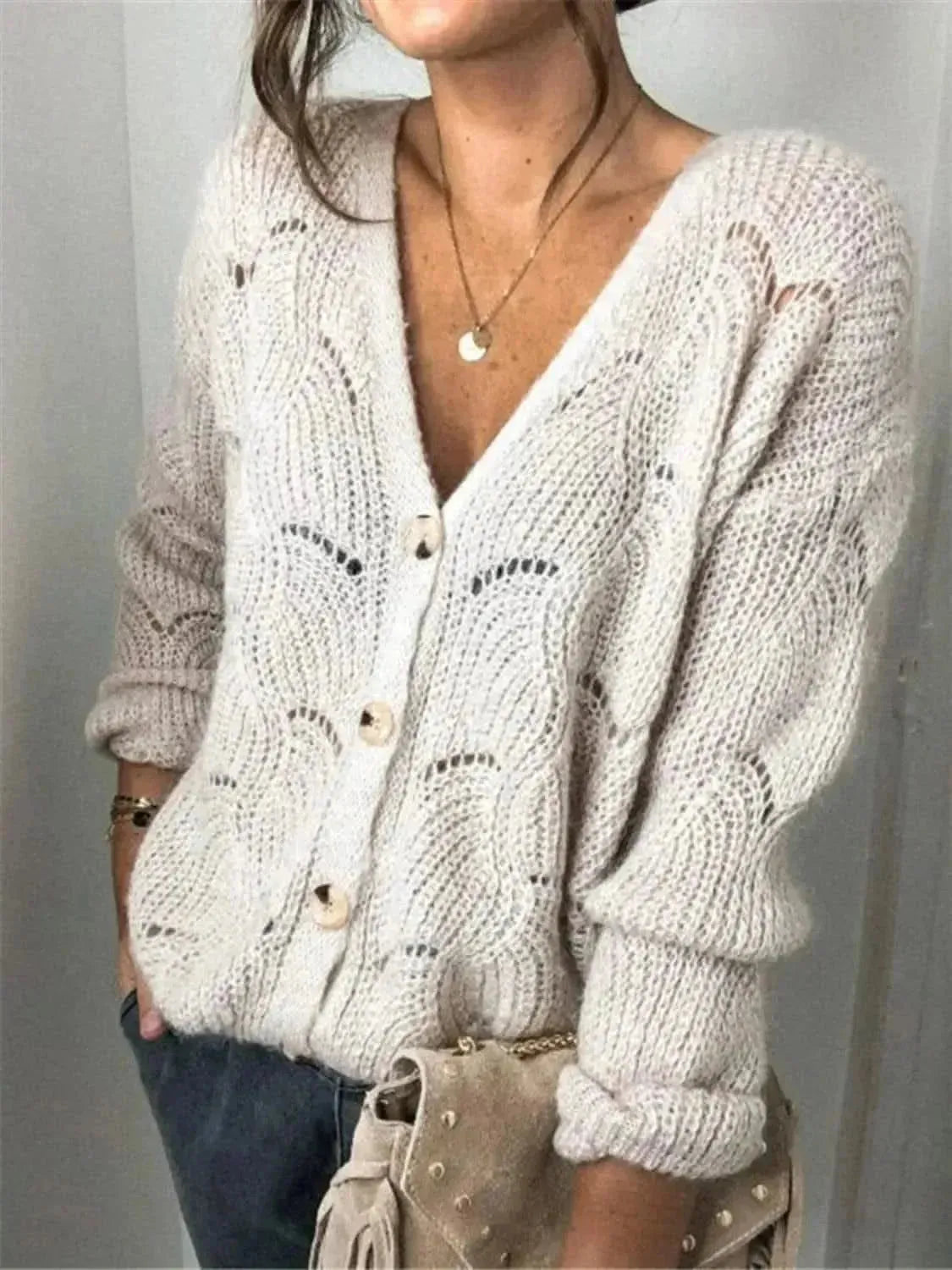 Openwork Button Up Long Sleeve Cardigan - Bad Moms Club