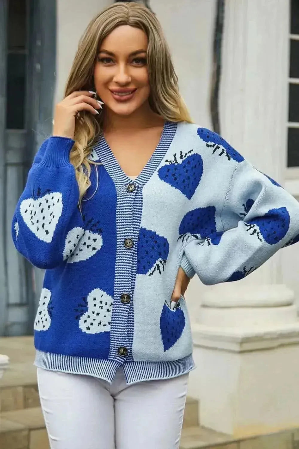 Printed V-Neck Button-Down Long Sleeve Cardigan - Bad Moms Club
