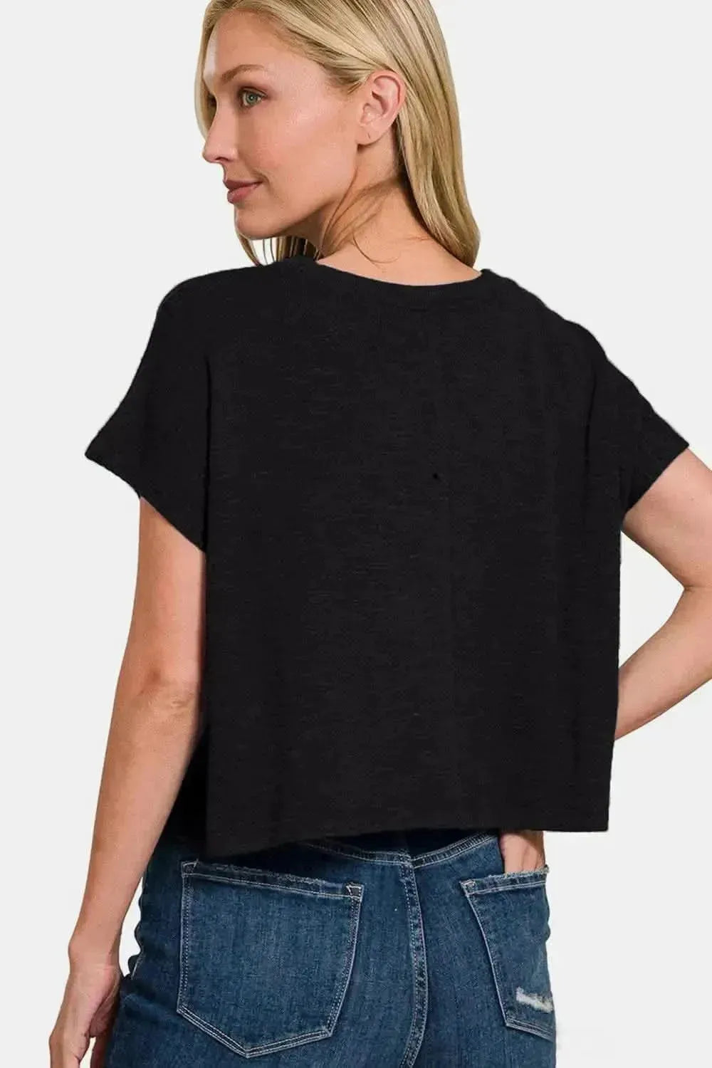 Zenana Round Neck Short Sleeve Crop T-Shirt - Bad Moms Club