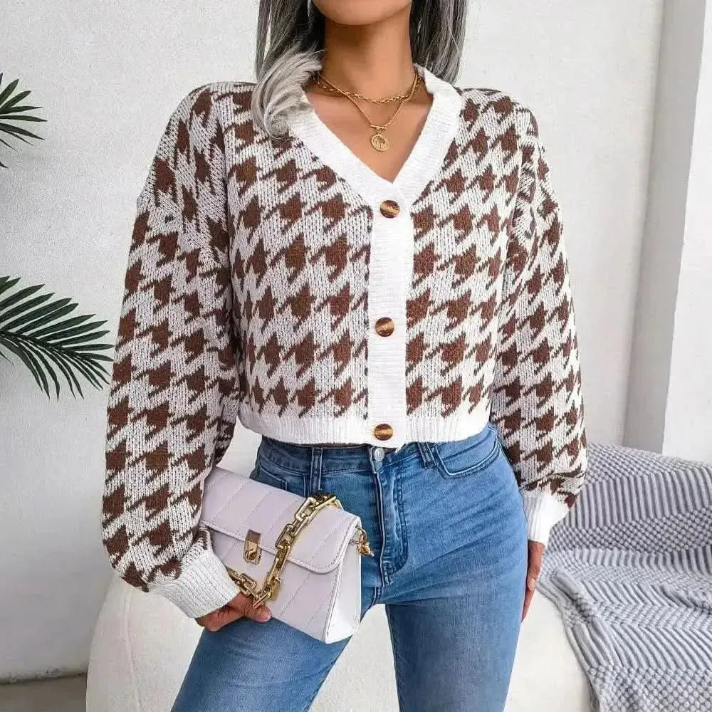 Houndstooth V-Neck Dropped Shoulder Cropped Cardigan - Bad Moms Club