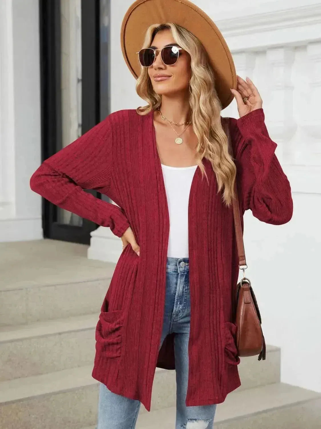 Pocketed Open Front Long Sleeve Cardigan - Bad Moms Club