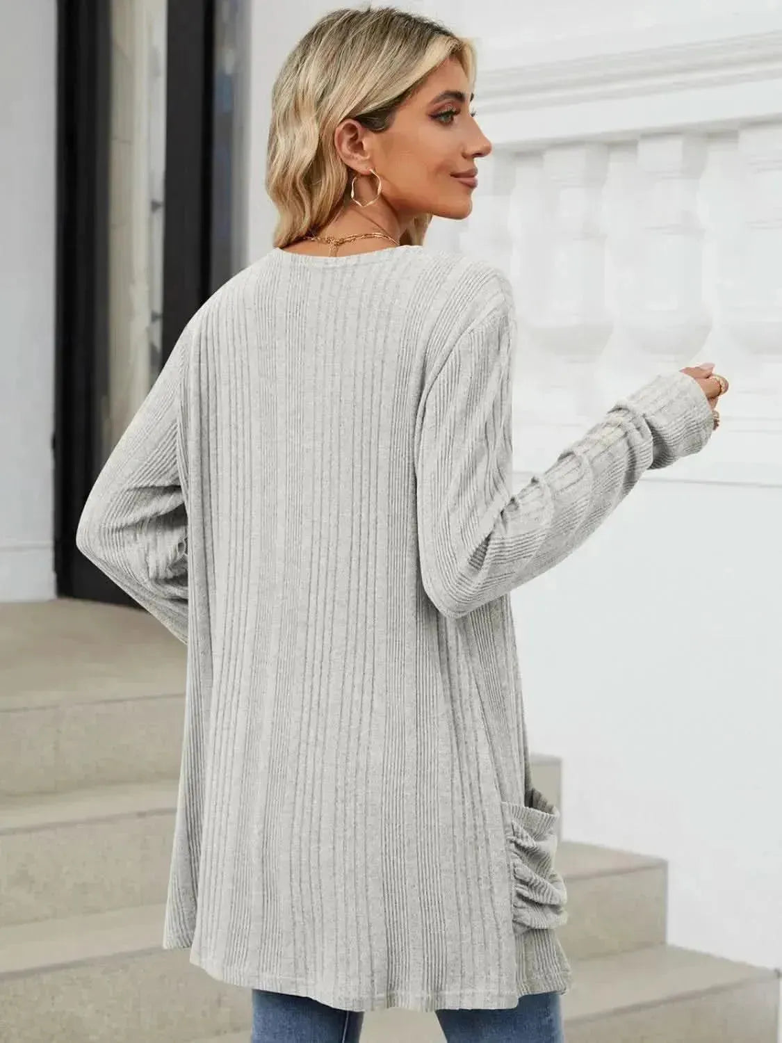 Pocketed Open Front Long Sleeve Cardigan - Bad Moms Club