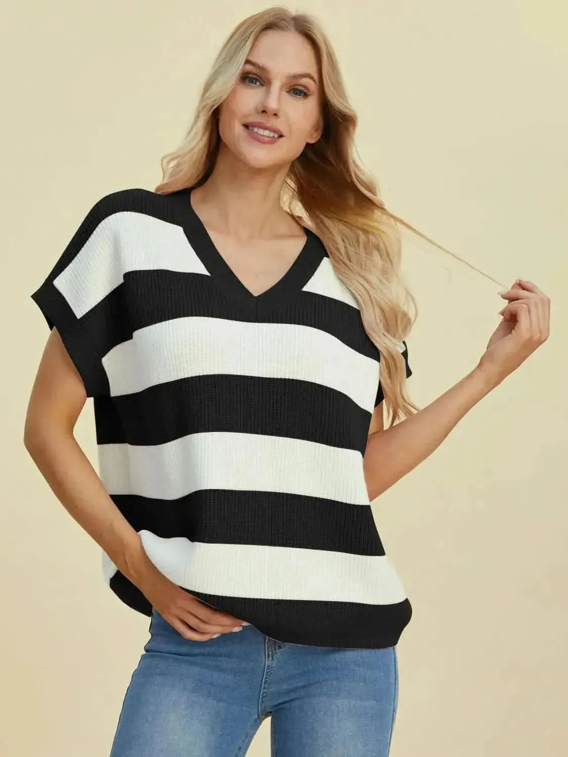 Double Take Full Size Striped V-Neck Short Sleeve Sweater - Bad Moms Club