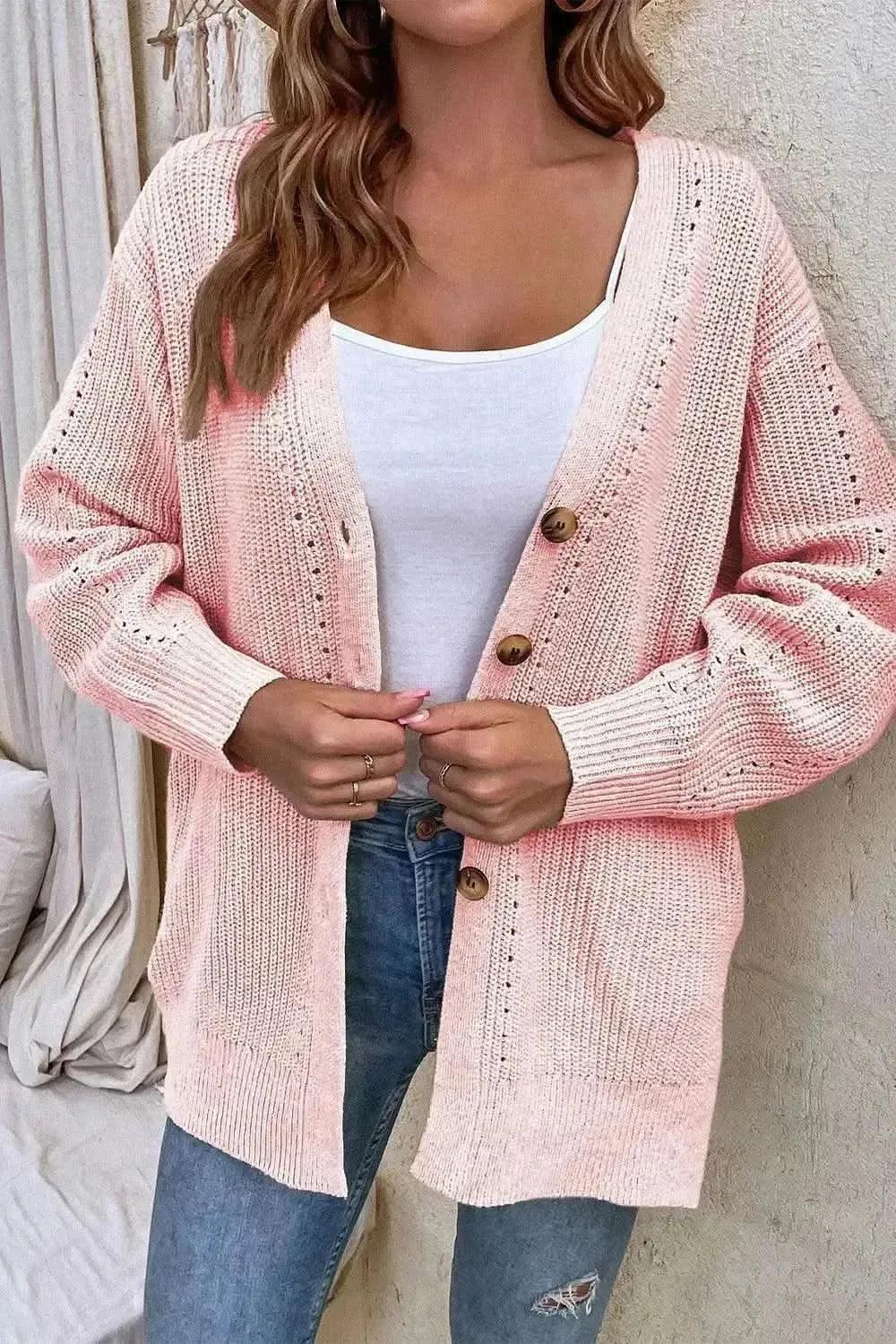 V-Neck Openwork Long Sleeve Cardigan - Bad Moms Club