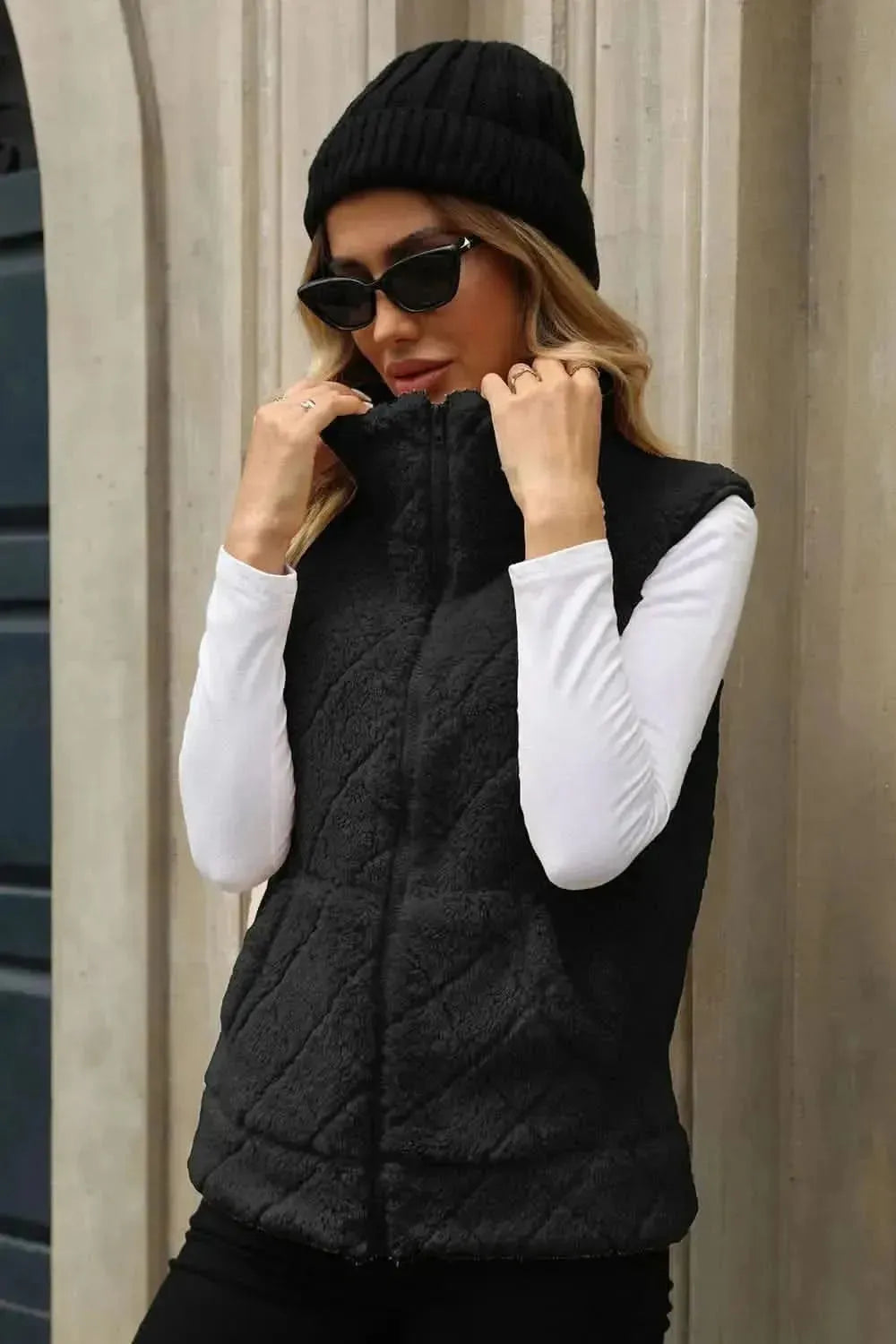 Fuzzy Plaid Texture Zip Up Vest Coat - Bad Moms Club