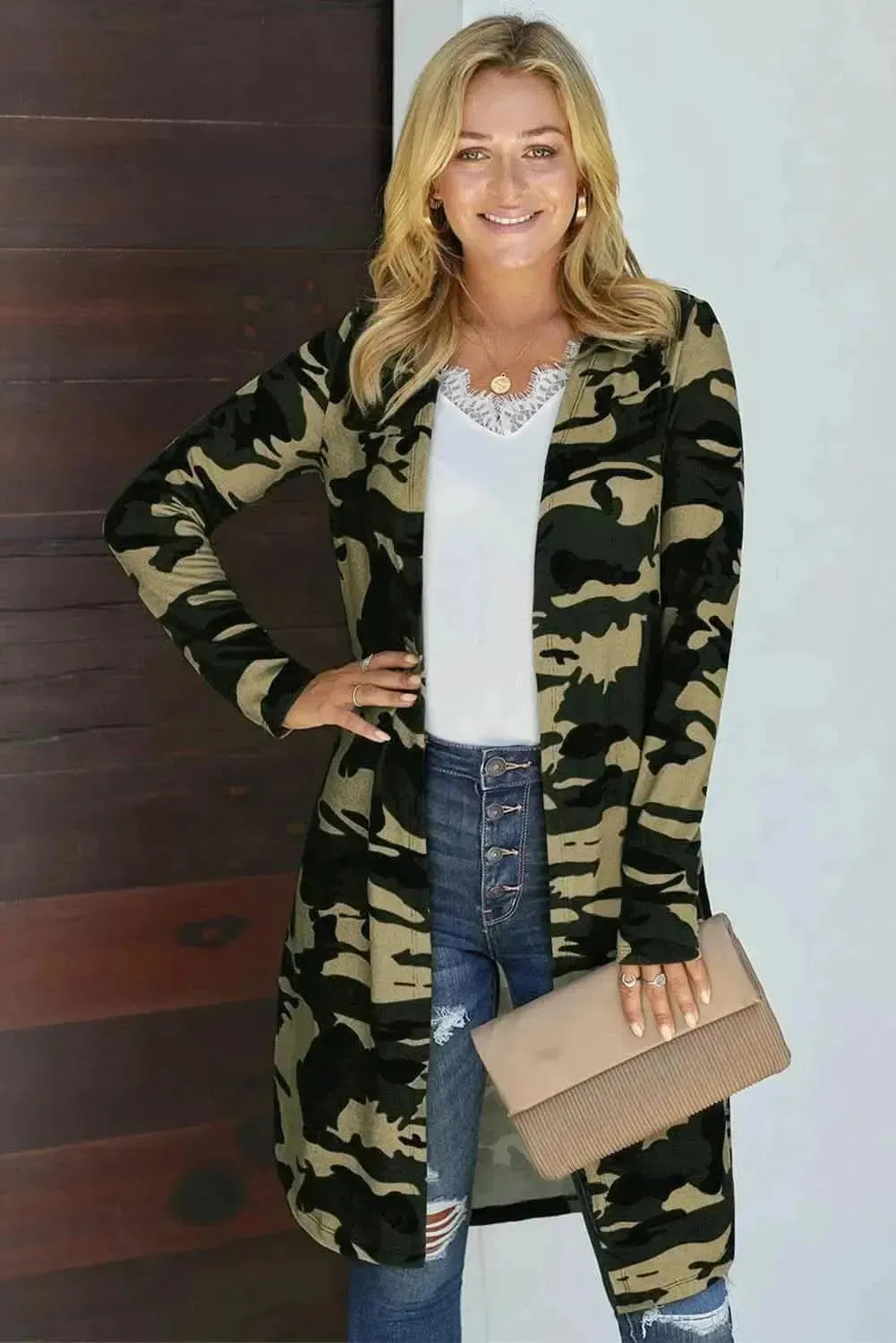 Double Take Printed Open Front Longline Cardigan - Bad Moms Club