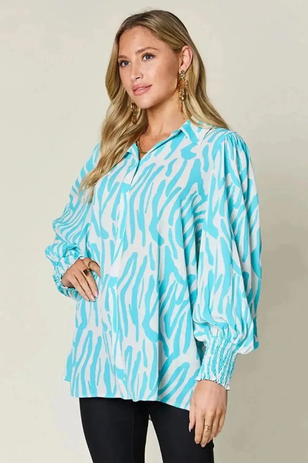 Double Take Full Size Printed Smocked Long Sleeve Blouse - Bad Moms Club
