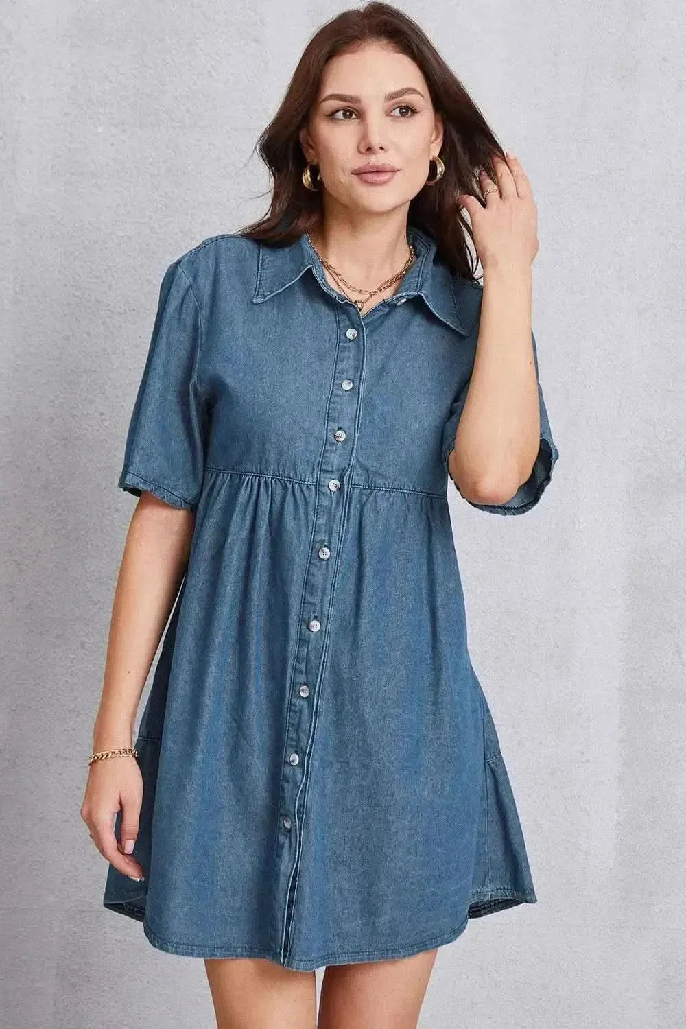 Button Up Collared Neck Tiered Denim Dress - Bad Moms Club