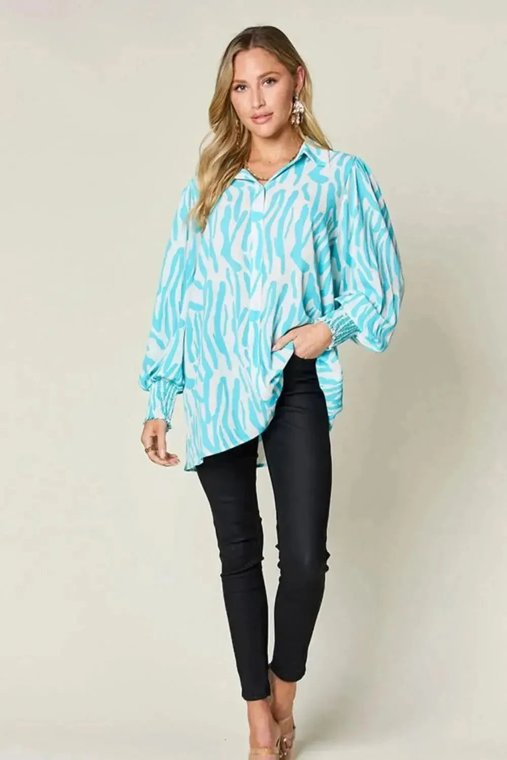 Double Take Full Size Printed Smocked Long Sleeve Blouse - Bad Moms Club