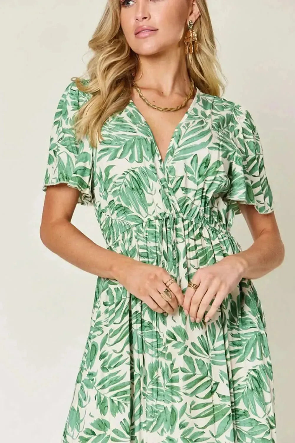 Double Take Full Size Printed Drawstring Short Sleeve Dress - Bad Moms Club