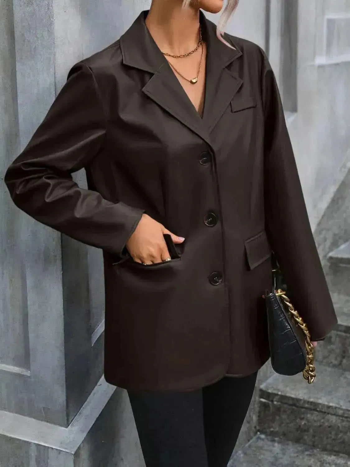 Pocketed Button Up Collared Neck Blazer - Bad Moms Club