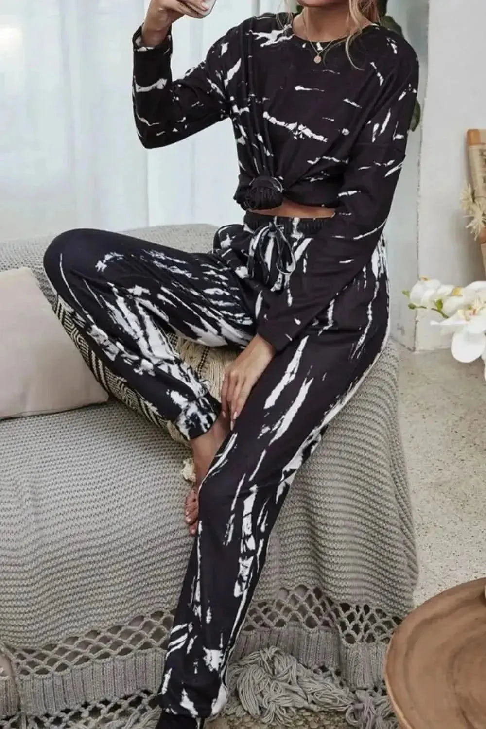Shiny Tie-Dye Round Neck Top and Drawstring Waist Joggers Lounge Set - Bad Moms Club