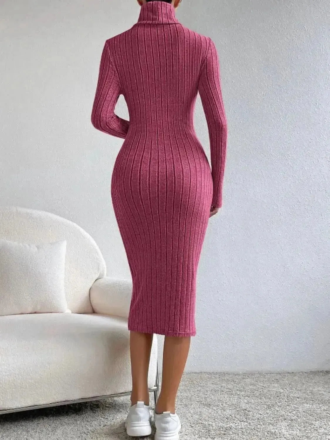 Turtleneck Long Sleeve Midi Sweater Dress - Bad Moms Club