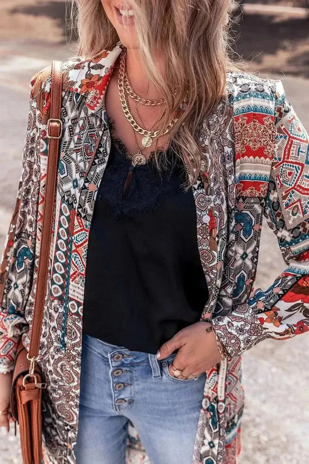 Printed Open Front Collared Neck Cardigan - Bad Moms Club