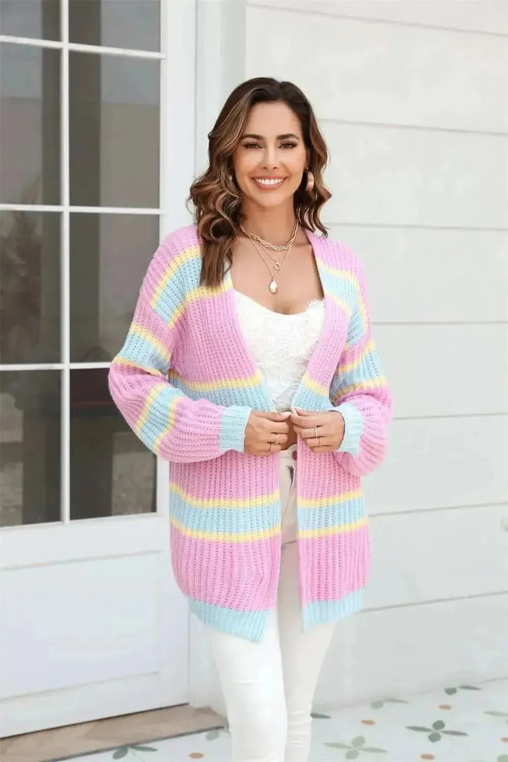 Color Block Ribbed Dropped Shoulder Open Front Cardigan - Bad Moms Club