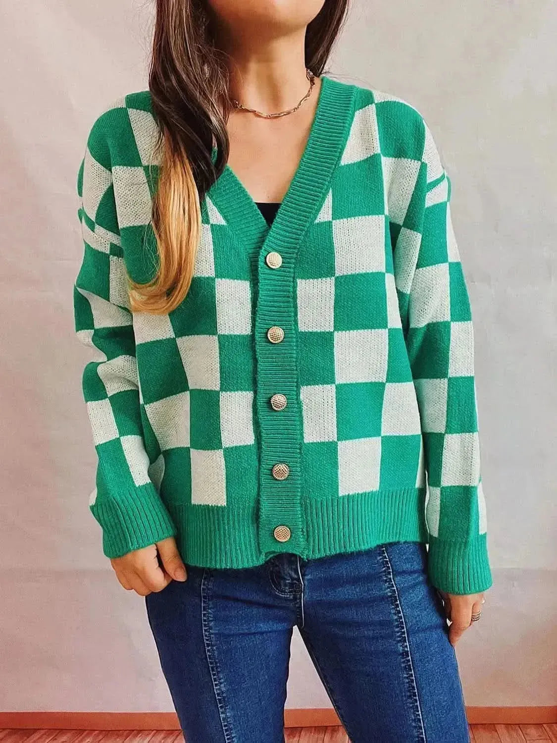 Checkered Open Front Button Up Cardigan - Bad Moms Club