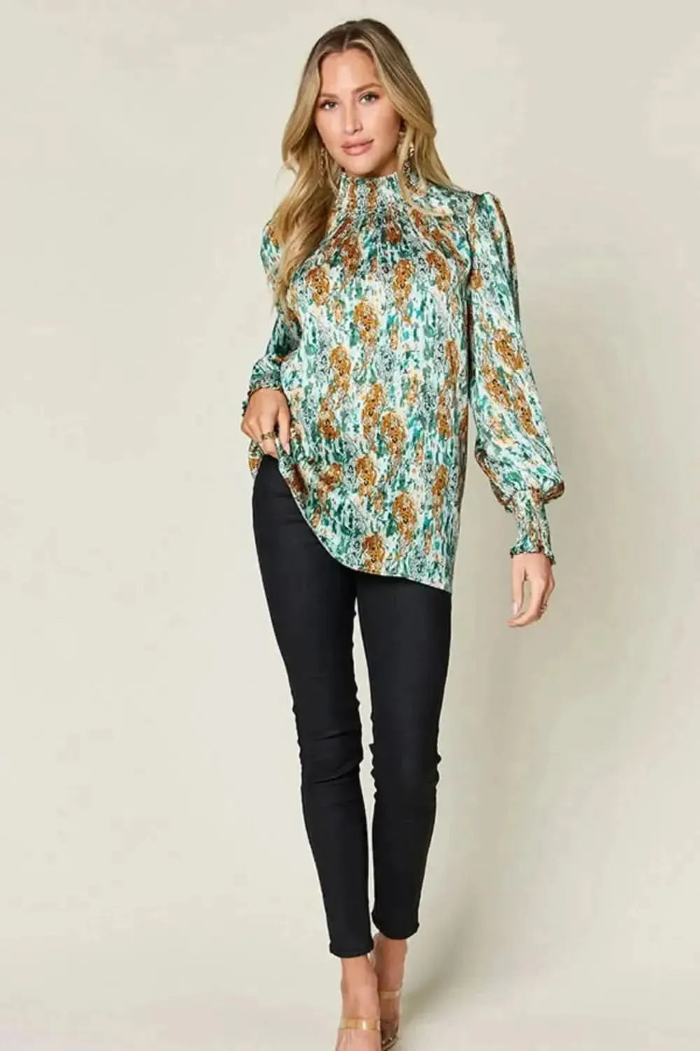 Double Take Full Size Printed Smocked Long Sleeve Blouse - Bad Moms Club