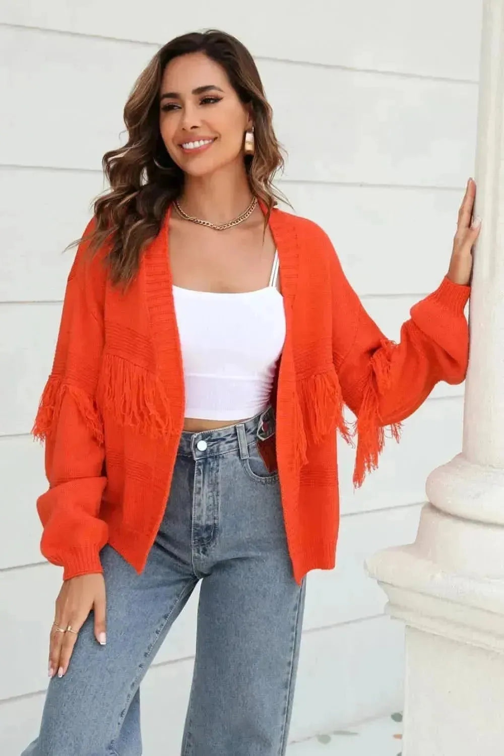 Fringe Trim Open Front Cardigan - Bad Moms Club