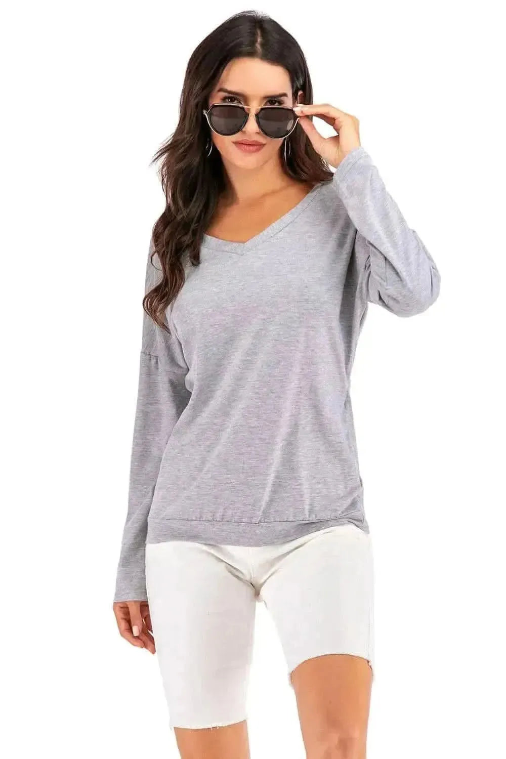 Perfee V-Neck Drop Shoulder Open Back Sweatshirt - Bad Moms Club