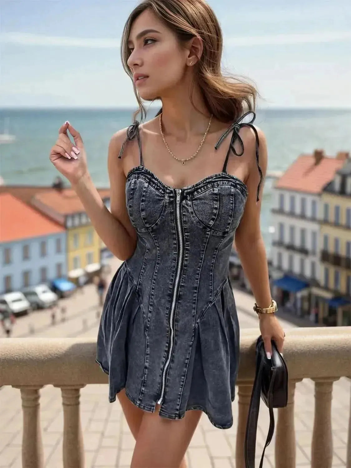 Sweetheart Neck Spaghetti Strap Denim Dress - Bad Moms Club
