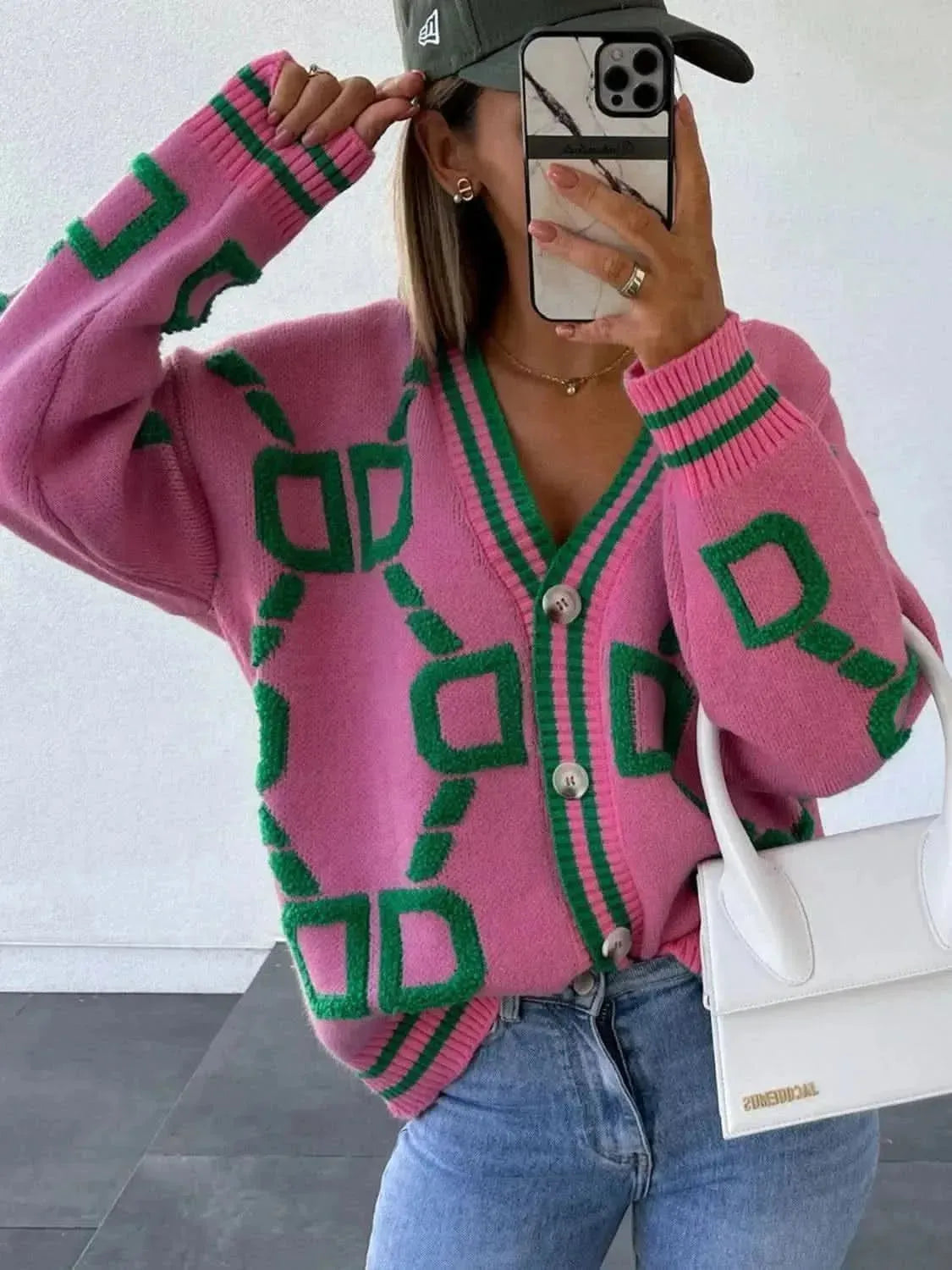 Geometric Dropped Shoulder Button Down Cardigan - Bad Moms Club