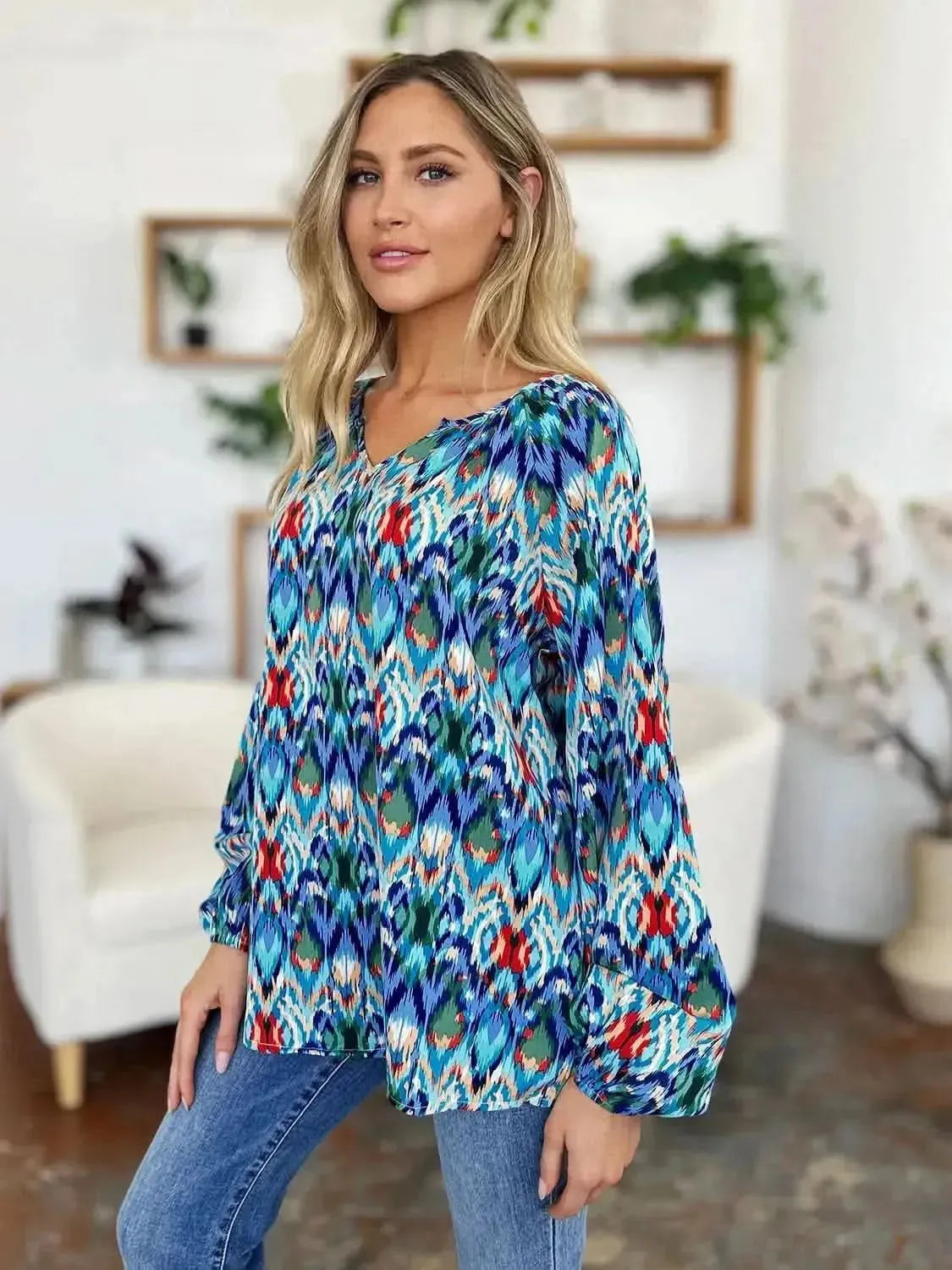 Double Take Full Size Printed Balloon Sleeve Blouse - Bad Moms Club