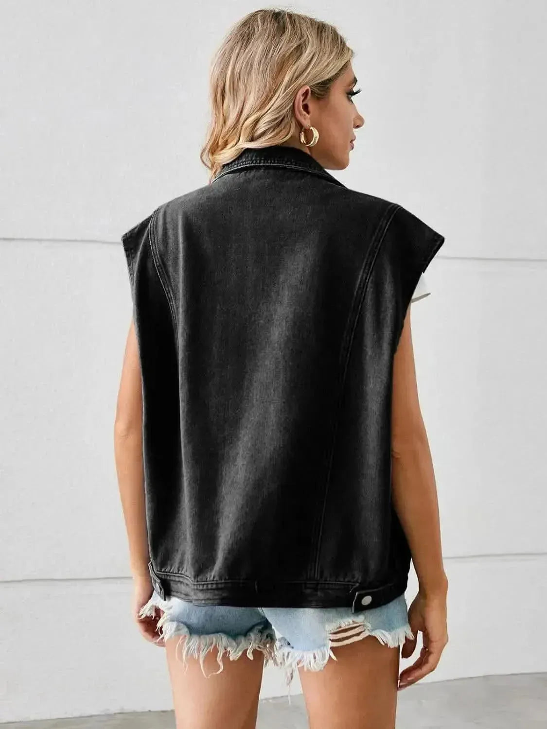 Pocketed Button Up Sleeveless Denim Jacket - Bad Moms Club