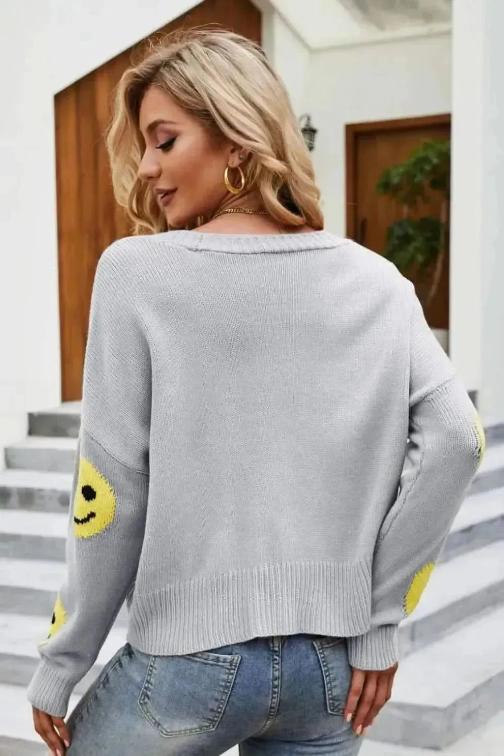 Smiley Face Ribbed Trim V-Neck Cardigan - Bad Moms Club