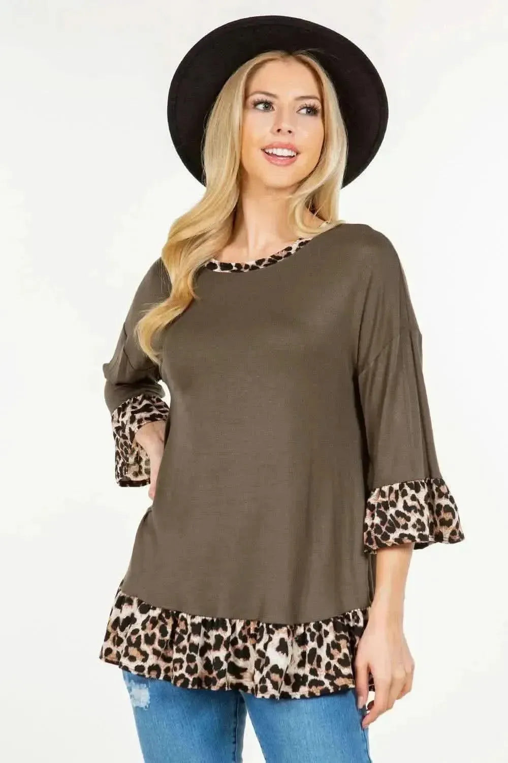 Celeste Full Size Flounce Sleeve Leopard Trim Top - Bad Moms Club