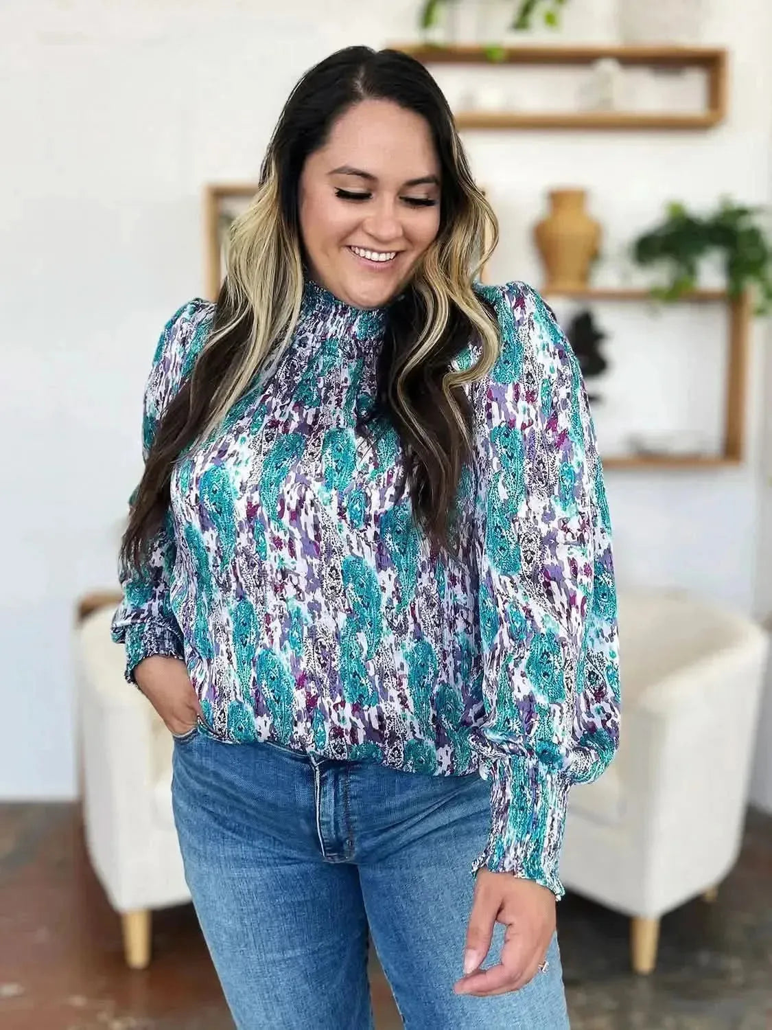 Double Take Full Size Printed Smocked Long Sleeve Blouse - Bad Moms Club
