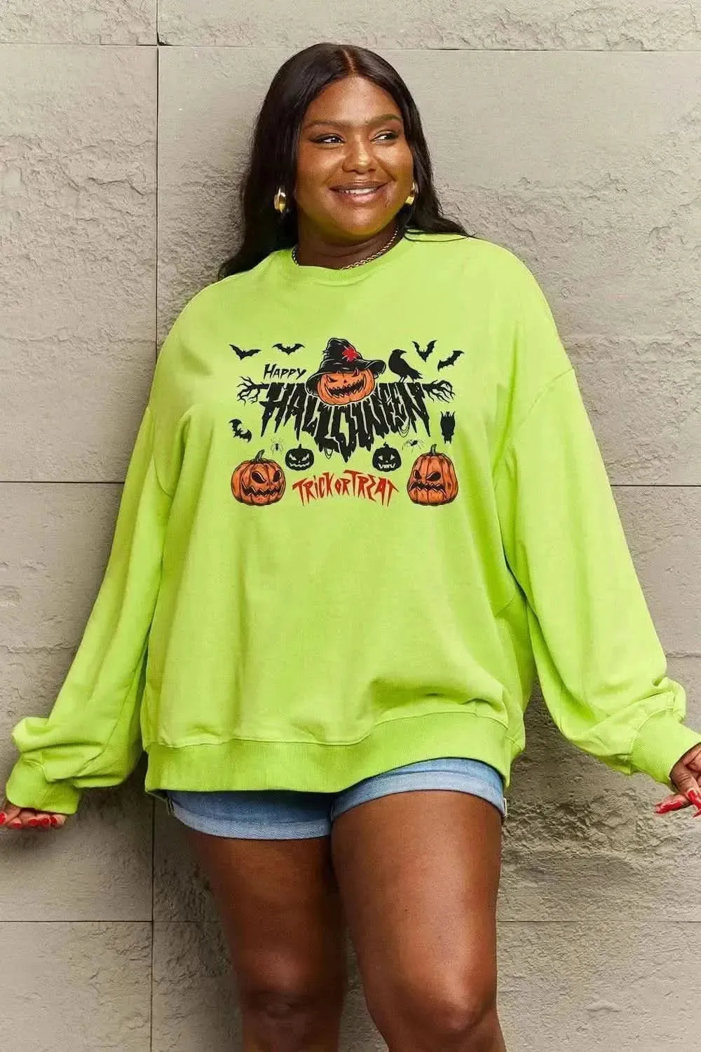 Simply Love Full Size HAPPY HALLOWEEN TRICK OR TREAT Graphic Sweatshirt - Bad Moms Club