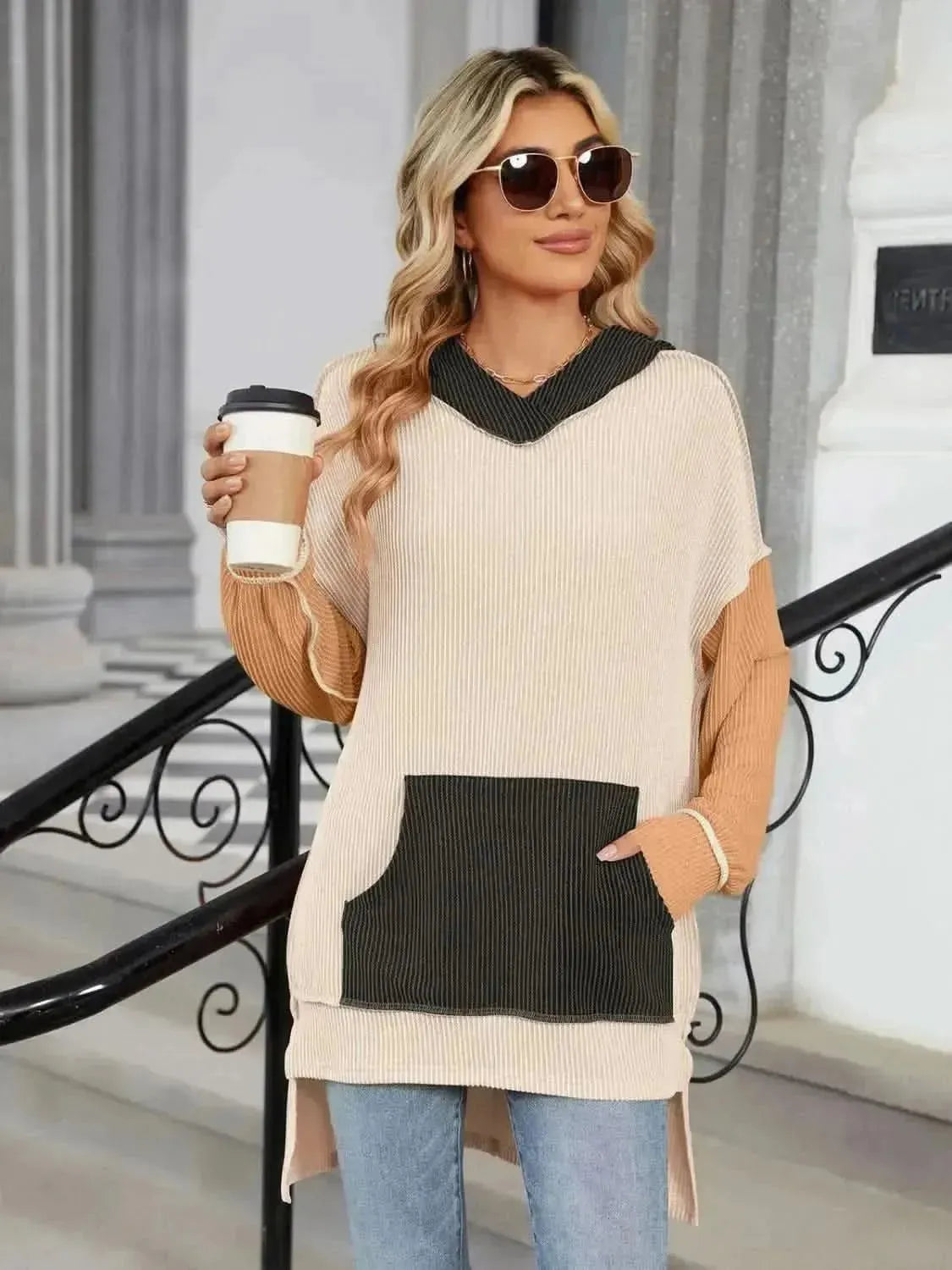 Double Take Contrast Hooded Long Sleeve Top - Bad Moms Club
